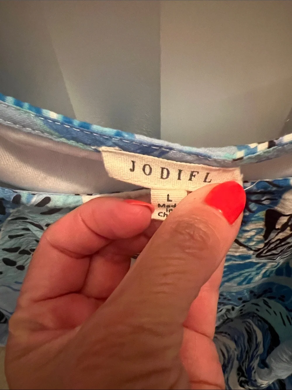 JODIFL Puffed Raglan Blue Printed Dress with Turquoise Accents - Picture 3 of 5